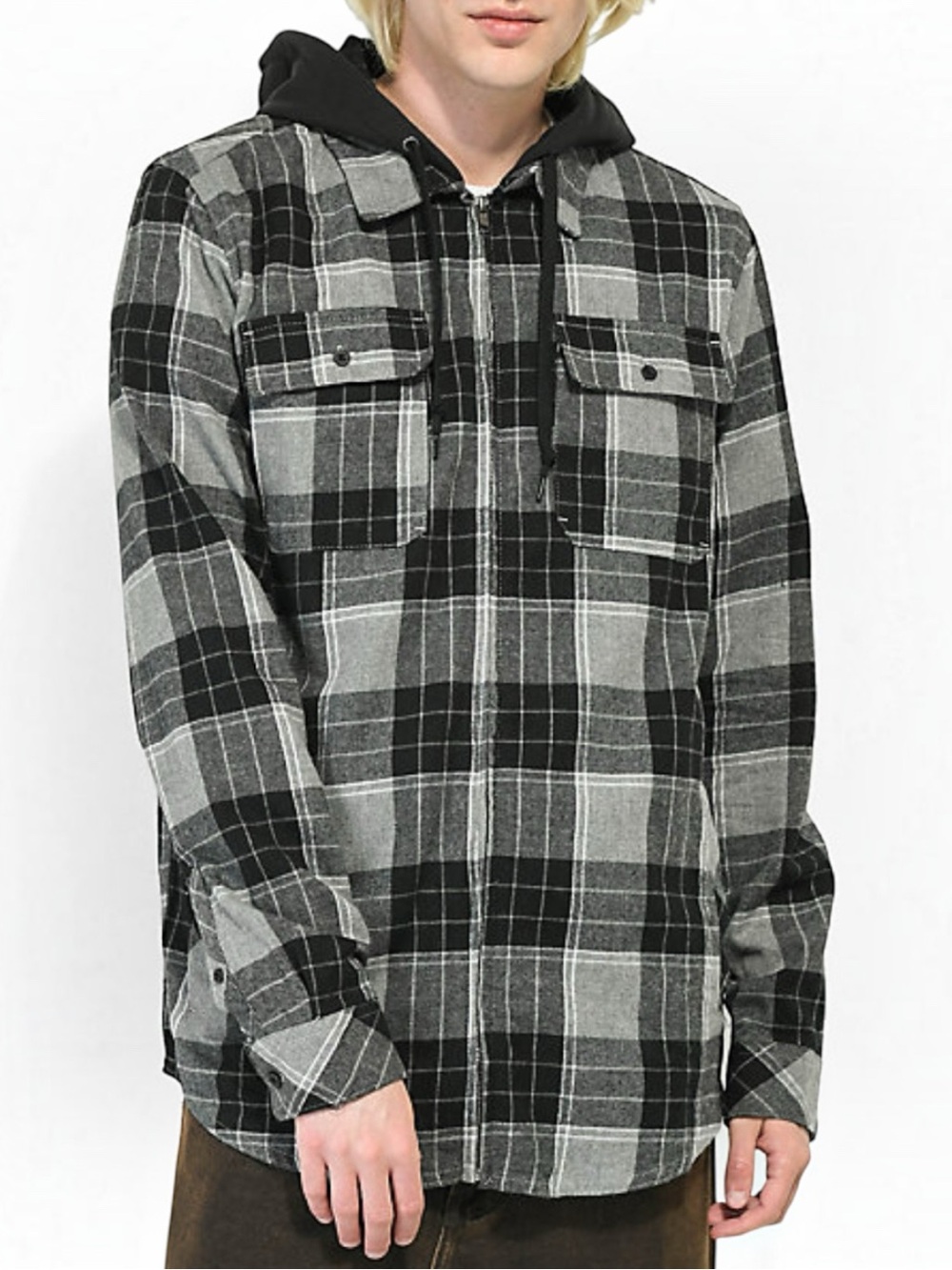 Empyre Black Gray Plaid Hooded Flannel Shirt Jacket Size Medium